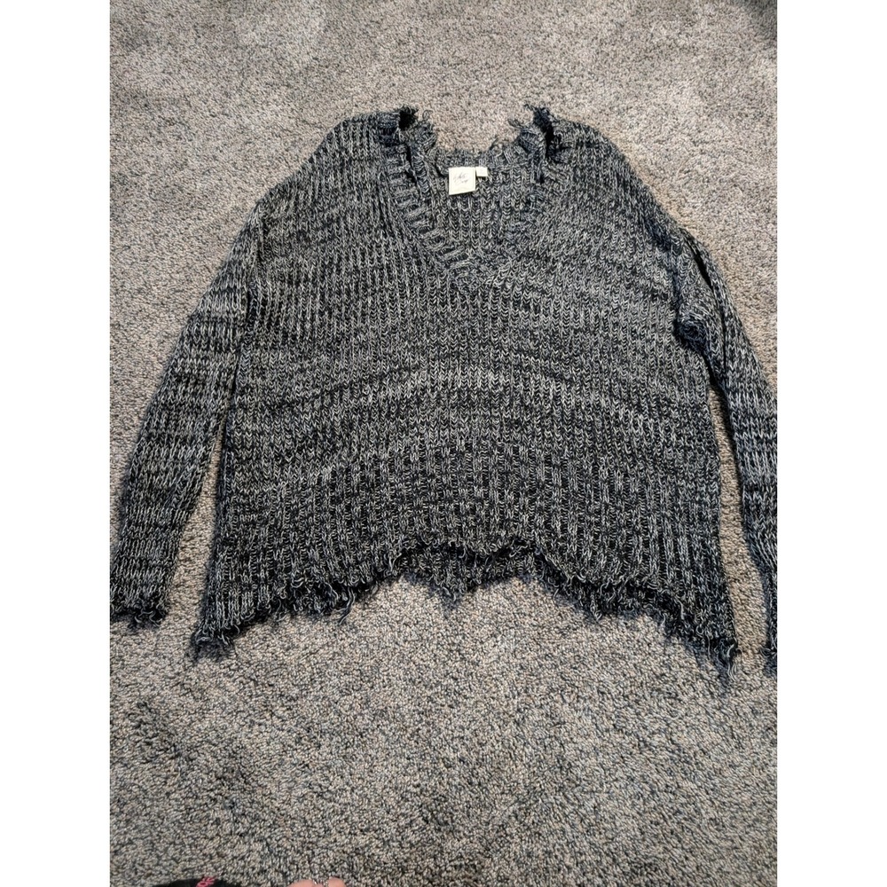 White Crow Womens Distressed Marled Knit V-Neck Oversized Sweater Black White S